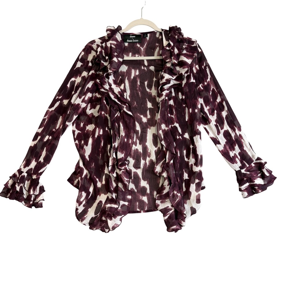 Dennis Basso Blouse Womens XS Purple Animal Print Ruffle Sheer Long Sleeve